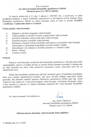 Valná hromada Honebního společenstva Zábřeh 13.2.2020 ve Vyšehoří